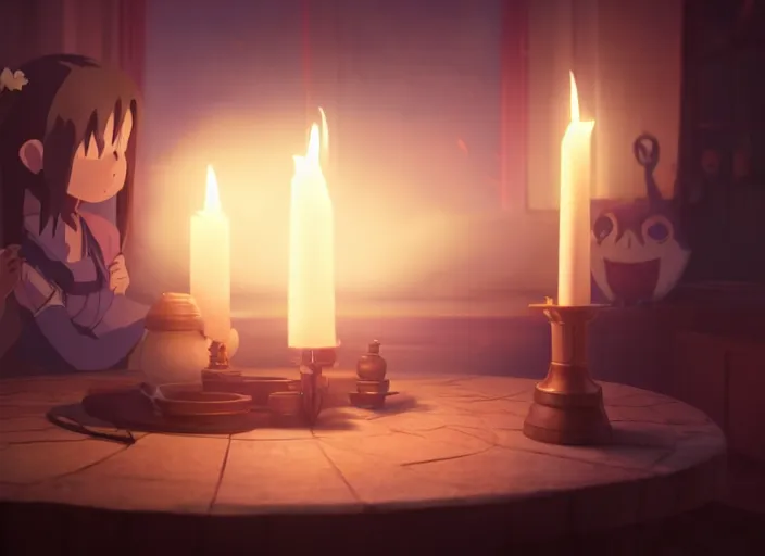 Image similar to a night ritual, being lit by candles, medium shot, studio ghibli, pixar and disney animation, sharp, rendered in unreal engine 5, anime key art by greg rutkowski, bloom, dramatic lighting