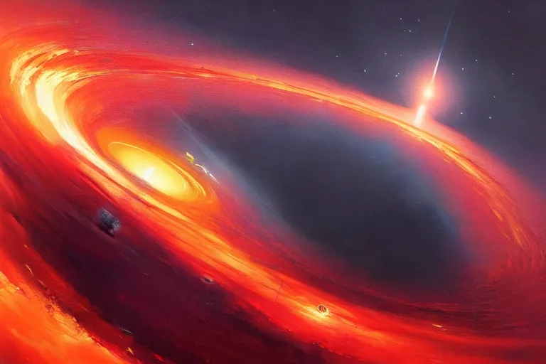 Image similar to a beautiful oil painting of the event horizon of a black hole, orange, warping, detailed, beautiful, awe - inspiring, bright, by greg rutkowski, trending on artstation