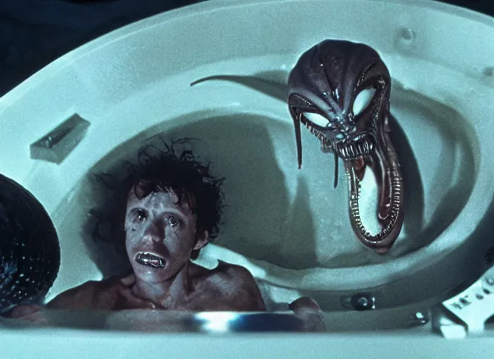 Image similar to film still of alien!! xenomorph!! relaxing in a hot tub in the new alien movie, 4 k