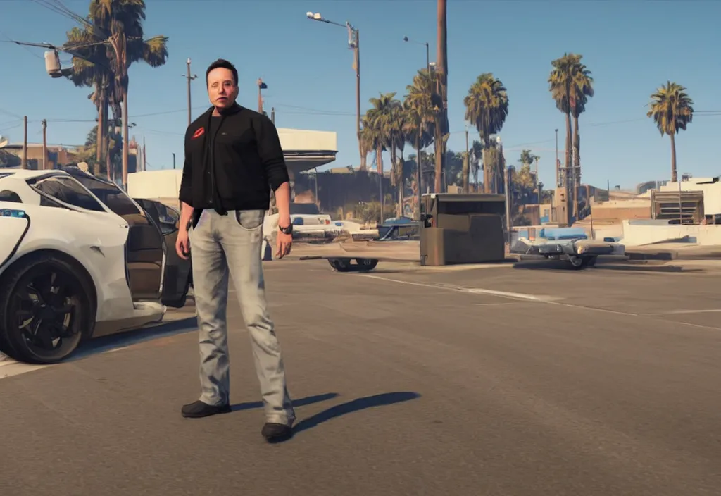 Image similar to elon musk in the video game in gta 5, gameplay screenshot, close up, 3 d rendering. unreal engine. amazing likeness. very detailed.