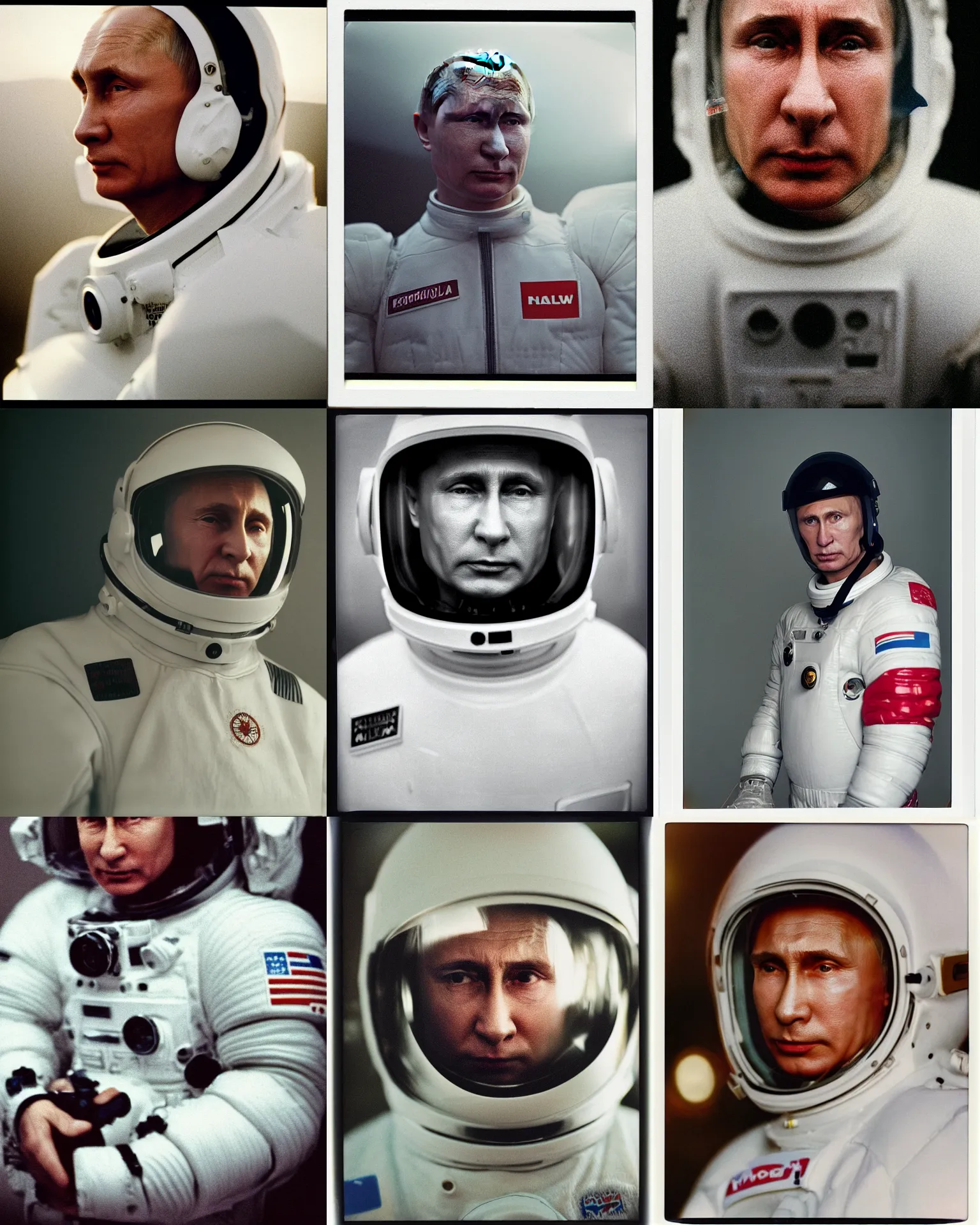 Prompt: macro head shot, of vladimir putin in white spacesuit, in legnica, very realistic, documentary, cinematic focus, polaroid photo, vintage, neutral colors, soft lights, foggy, by gregory crewdson