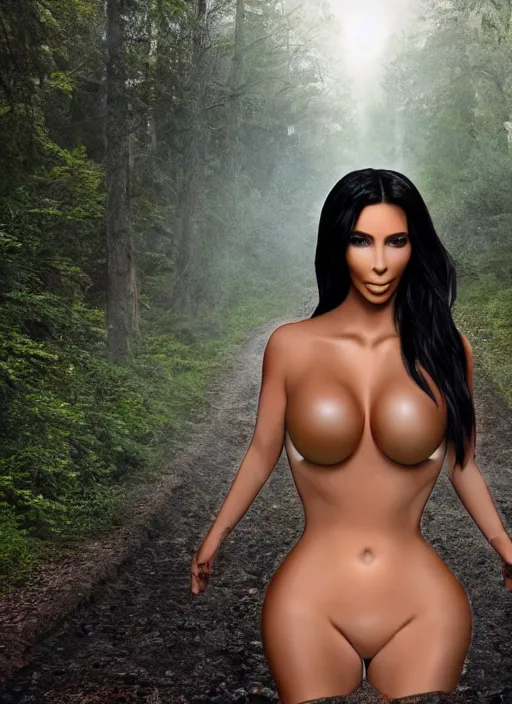 Prompt: alien swallowing kim kardashian, attire: bikini, big bust, backround: forest, fog, uhd, photorealism, realistic, wide shot, full shot.