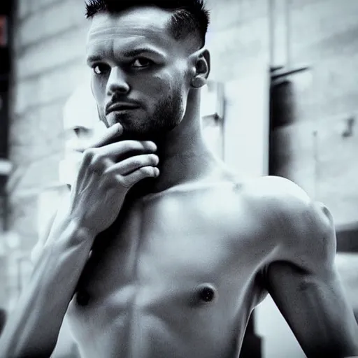 Image similar to “a realistic detailed photo of a guy who is an attractive humanoid who is half robot and half humanoid, who is a male android, Finn Balor, shiny skin, posing like a statue, blank stare”