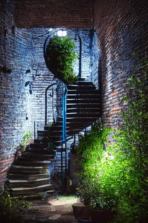 Image similar to small overgrown urban garden at twilight in Montreal backalley, brick wall, metal spiral staircase, overcast sky, moonlight, volumetric lighting, cell-shading, blue and black color scheme