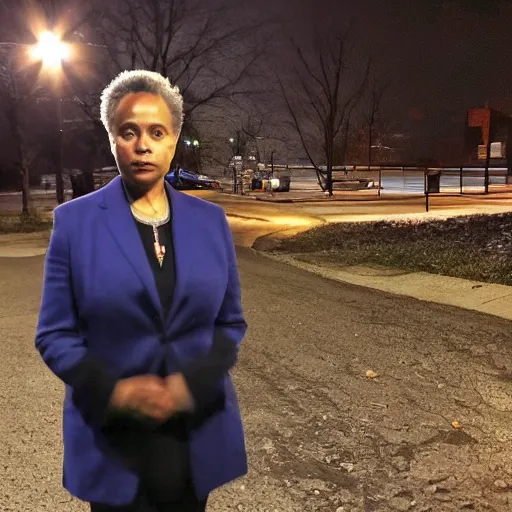 Prompt: chicago mayor lori lightfoot spotted on trail cam at night