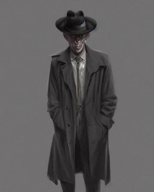 Prompt: man posing in the dark with a fedora hat and a trench coat, 1 9 5 0 s noir film style character, digital illustration, matte painting, rutkovski, beksinski, artstation, deviantart