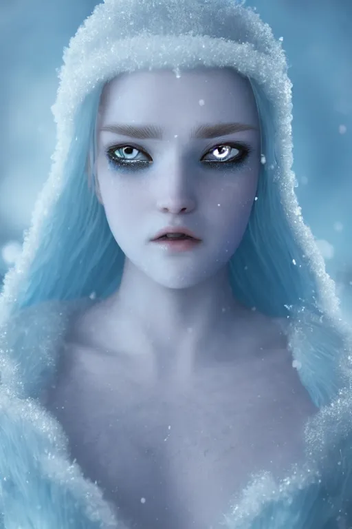 Image similar to ice goddess with beautiful face with a glowing blue crystal on her forehead, frosty white eyes, winter mist around her, white plated armor, pale skin, white smoke ， photorealism, octane render, frostbite, 8 k, cinematic, 3 5 mm, aspect ratio