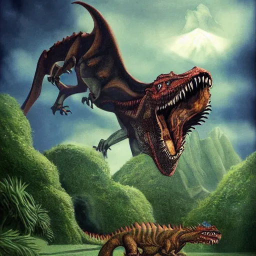 Prompt: Jurassic Park Meets Game of Thrones Dragon by Raphael, Hopper, and Rene Magritte. detailed, romantic, enchanting, trending on artstation.
