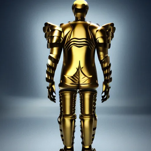 Image similar to a man 4 5 meters tall covered completely with a golden armor, his skin looks like piano keys and can bee seen between the armor, he has wings made of energy in his back, he has a thurible in his hand, he lives in the year 3 0 0 0, unreal engine 5