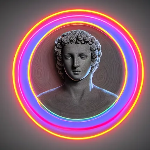 Image similar to a renaissance statue head surrounded by a 3 d rendered neon circle, black background, ray tracing, 8 k resolution, sharp focus, hyper detailed, hyper realistic