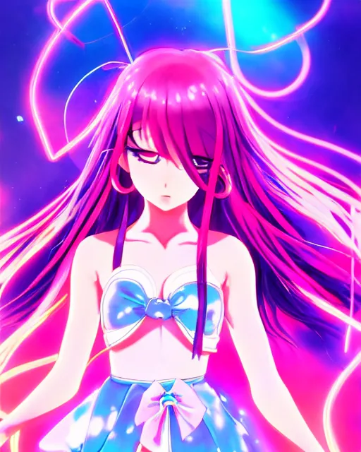 Image similar to anime style, vivid, expressive, full body, 4 k, painting, a cute magical girl idol with a long wavy hair wearing a dress, correct proportions, stunning, realistic light and shadow effects, neon lights, studio ghibly makoto shinkai yuji yamaguchi