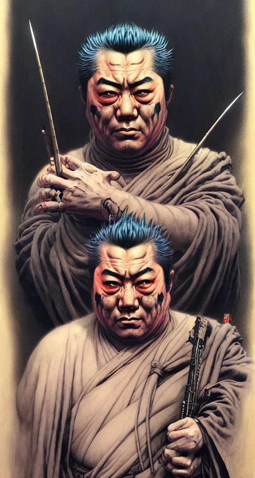 Image similar to portrait of zatoichi in the style of wayne barlowe, gustav moreau, peter mohrbacher, bussiere, roberto ferri, santiago caruso, luis ricardo falero, austin osman spare, boris vallejo, hajime sorayama