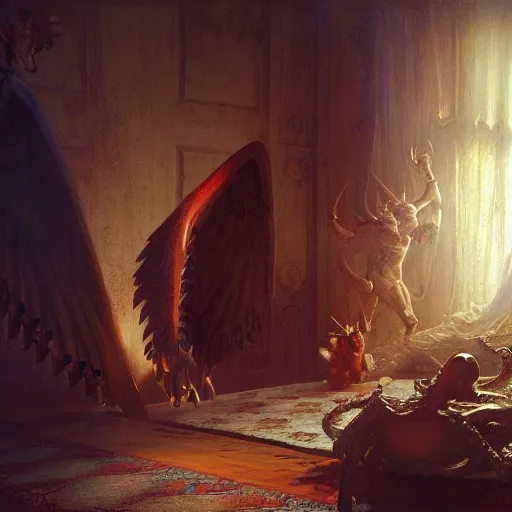Image similar to the pope is in his bedroom, scared because a horned demon is attacking him. highly detailed painting by gaston bussiere, greg rutkowski, craig mullins 8 k