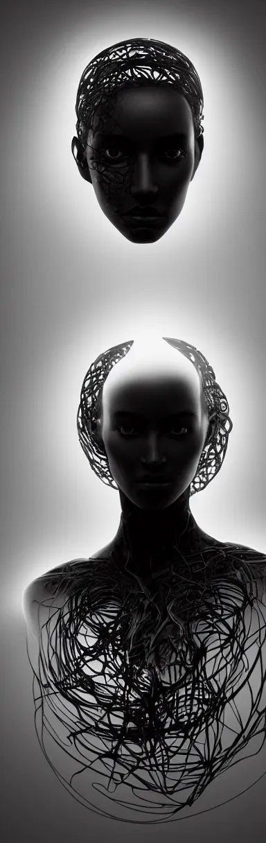 Image similar to epic illustration, digital abstract sculpt of beautiful female face silhouette and black swirling concrete acrylic portrait, black latex sculpt, octane render, mechanical superstructure, sacred geometry, glowing edges, magic hour, beautiful light, sculpture of carving marble, dark colors, dark mood, one point light, clockwork, epic matte painting, concept art, bokeh, digital painting, artstation