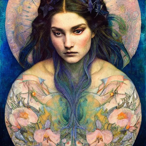 Image similar to queen of the moon with stars in her hair, by annie swynnerton and tino rodriguez and nicholas roerich and lucien freud and jean delville and tom bagshaw, dramatic lighting, floral tattoos, rich colors, smooth sharp focus, extremely detailed, adolf wolfli