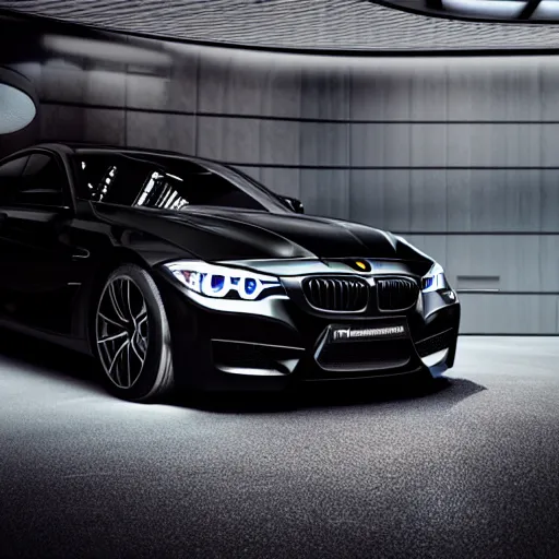 Image similar to product shot of a black BMW, black background, neon lights, octane render, motion blur, bokeh