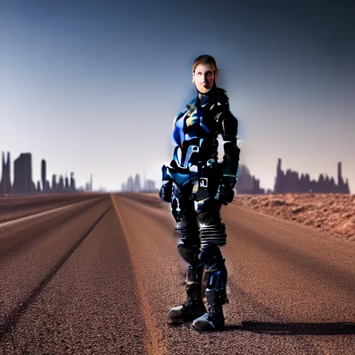 Image similar to photograph of a techwear woman, closeup, on a desert road with a futuristic city in the horizon, sigma 85mm f/1.4, 4k, depth of field, high resolution, 4k, 8k, hd, full color