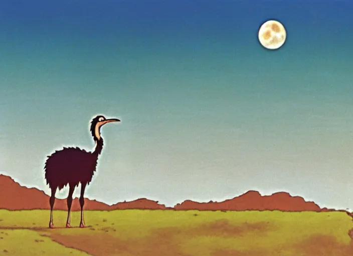 Prompt: a still from a studio ghibli movie of an ostrich from princess mononoke ( 1 9 9 7 ), on a desert road, in front of a pale full moon, full body, wide shot, very dull muted colors, studio ghibli, highly detailed, deviantart, art by artgem