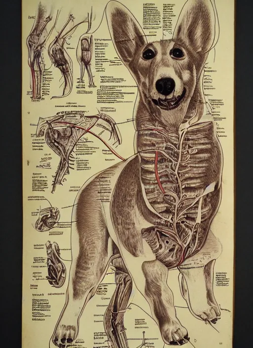 Image similar to vintage medical anatomical illustration of a corgi ( 1 9 8 4 ), highly detailed, labels, intricate writing