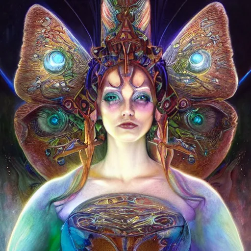 Prompt: beautiful closeup portrait of an art moderne fairy queen, glowing eyes. reflective detailed textures, moth wings, highly detailed dark fantasy science fiction painting by donato giancola and peter mohrbacher and nicholas roerich and diego rivera, elaborate geometric ornament, ancient runes, silver and cool colors. artstation