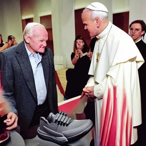 Prompt: john paul ii admiring a yeezy sneaker in his hands