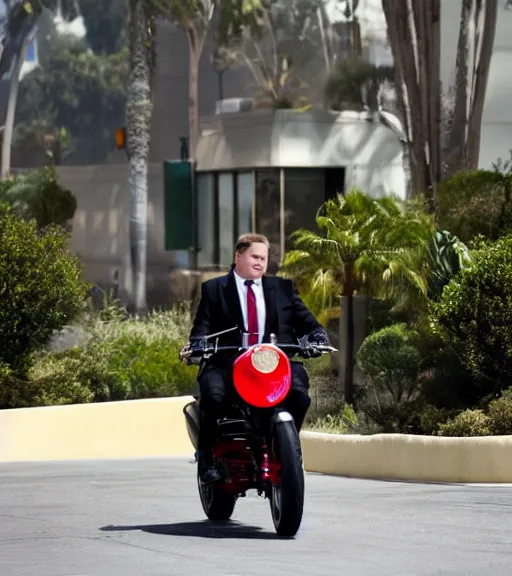 Image similar to Andy Richter is dressed in a black suit and a red necktie and riding a motorcycle into a studio lot. The studio lot is filled with Soundstages and movie trailers. It is a bright afternoon and overcast.