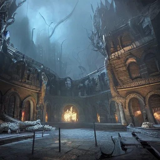 Image similar to underdark city, realistic, highly detailed, hd, unreal engine, guillermo del toro