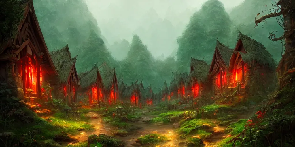 Prompt: Small elven village in deep lush forest with red lamp posts and wooden huts. In style of Greg Rutkowski, Jesper Ejsing, Makoto Shinkai, trending on ArtStation, fantasy, great composition, concept art, highly detailed, scenery, 8K, Behance.