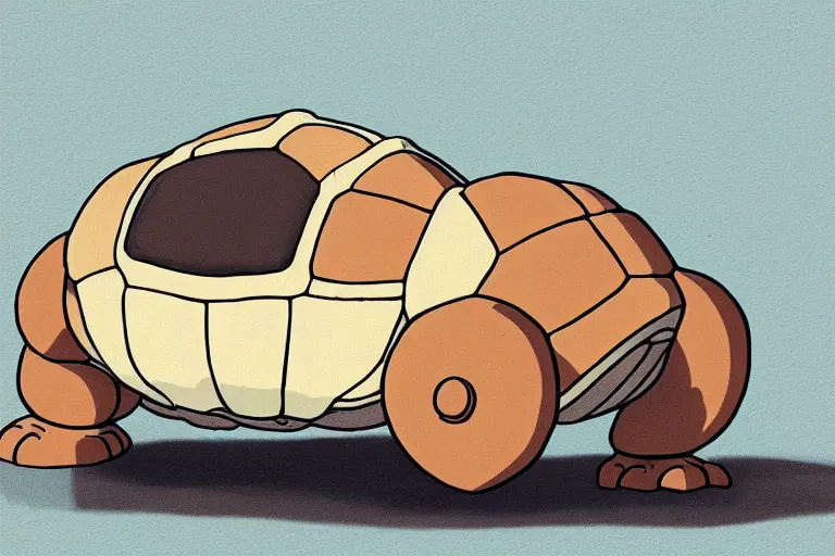 Prompt: a study of a cell shaded cartoon of a beige mechanical tortoise from howl's moving castle ( 2 0 0 4 ), at a gas station, full body, wide shot, very muted colors, post grunge, studio ghibli, laurie greasley, highly detailed, deviantart, art by artgem