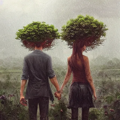 Prompt: a couple with plants growing out of their heads, growth of a couple, rainy day, atmospheric by greg rutkowski