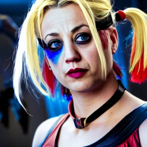 Image similar to A still of Kaley Cuoco as Harley Quinn