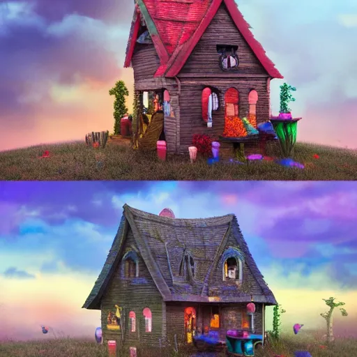 Prompt: a witches house made out of candy on the ocean, epic scene, fantasy, redshift render, cgi, hyper - detailed, photo - bash, 8 k post - production, masterpiece
