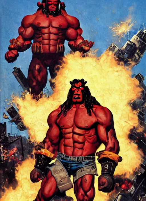 Image similar to full body and head portrait of enormous muscular hellboy wearing tattered trench coat, explosion and debris in the background, dynamic action, painted by norman rockwell and phil hale and greg staples and tom lovell and frank schoonover and jack kirby, movie