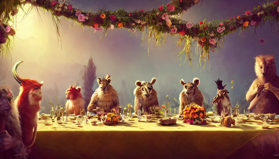 Image similar to a table dinner of exotic animals where animals are dressed like the characters from the midsommar movie wearing flowers, realistic detailed digital art by maxwell boas jessica rossier christian dimitrov anton fadeev trending on artstation cgsociety rendered in unreal engine 4 k hq