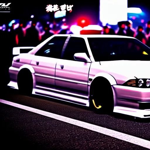 Image similar to a car JZX100 twin turbo drift at illegal car meet, Shibuya prefecture, city midnight mist lights, cinematic lighting, photorealistic, highly detailed wheels, high detail