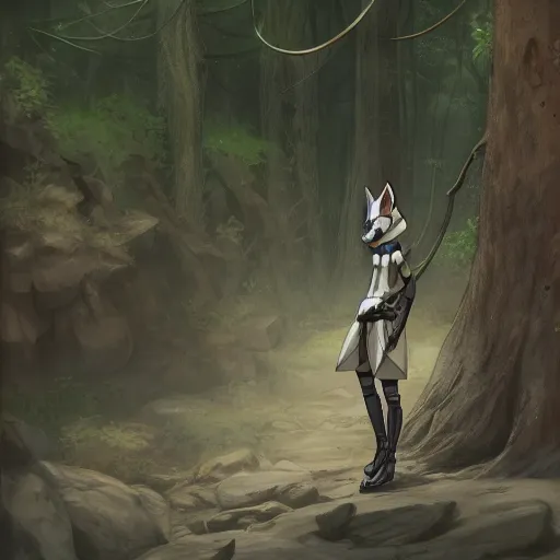 Image similar to concept art painting of an anthropomorphic anime gray fox wearing a tunic, in the deep forest, realistic, detailed, cel shaded, in the style of makoto shinkai and greg rutkowski and james gurney