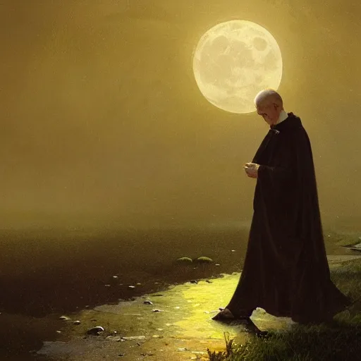 Image similar to a terrified catholic priest, full moon in the background, rainy atmosphere, natural volumetric light, intricate, highly detailed, digital painting, artstation, concept art, sharp focus, illustration, SFW, art by greg rutkowski and alphonse mucha