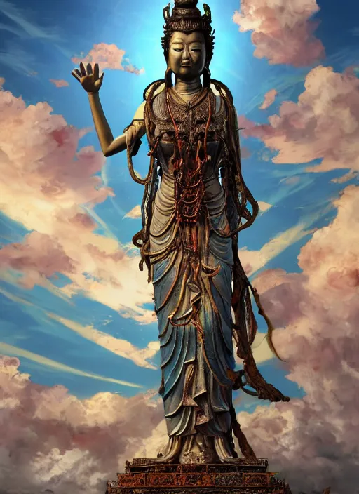 Image similar to guanyin stand on big loutus, a godness of the southern seas, a realistic setting with muted colors, visual novel cover, by yoshitaka amano, zeng fanzhi, jane hamilton, tiffany studios, sunrays shine uponit, frostbite 3 engine, cryengine, dof, trending on artstation, digital art, fantasy detailed background