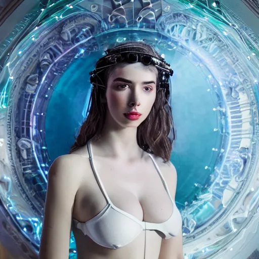 Image similar to beautiful Fine art photo portrait of enraptured Sarah Mcdaniel as a solarpunk robotic goddess, white mechanical parts with led lights, photorealistic, white background, highly detailed and intricate, sun lighting, 8k