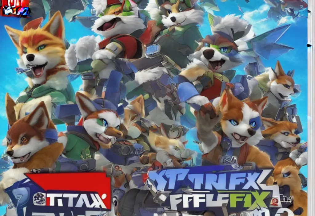Image similar to nintendo switch box cover of a new starfox spinoff action game featuring anthro fursona furry wolf o'donnell and his space cadet crew, rated t for teen