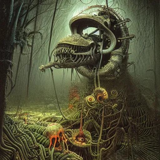 Image similar to a hyperrealistic painting of a futuristic motorcycle in the middle of an alien jungle, bioluminescent plants, by john kenn mortensen and zdzislaw beksinski, highly detailed, vivid color,