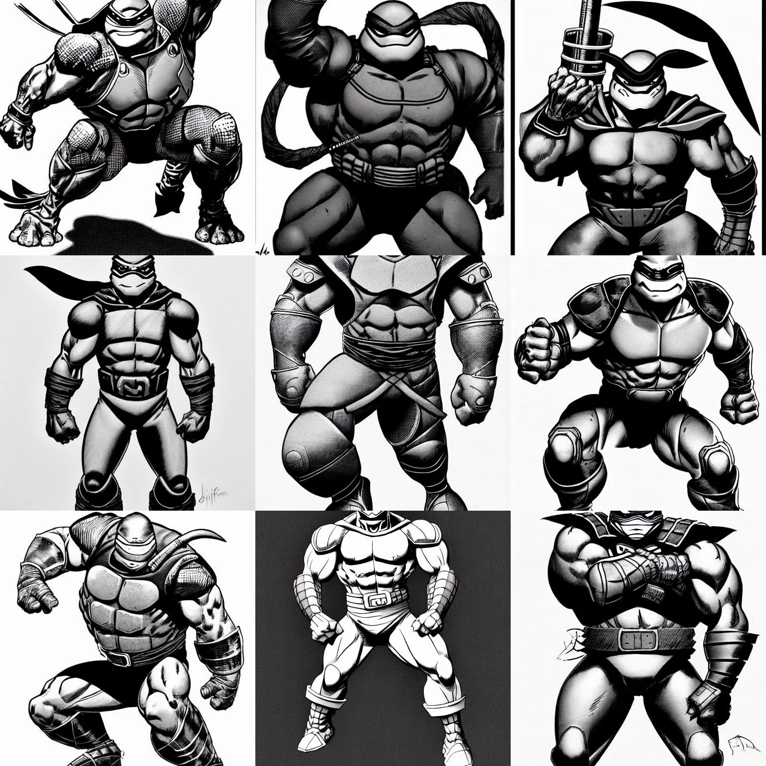 Prompt: anthropomorphic ninja turtle!!! jim lee!!! sideview full shot!! flat ink sketch grayscale by jim lee close up in the style of jim lee, ( attention pose ) cyborg! battle armor rugged knight hulk toad animal superhero by jim lee