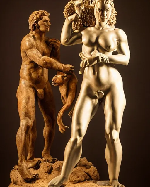 Image similar to a full figure rubber sculpture of a warrior princess and a lion, by Michelangelo, dramatic lighting, wide angle lens