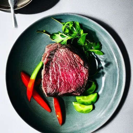 Prompt: a steak in a bowl of water, food photography gourmet, trendy food, macro photography high contrast