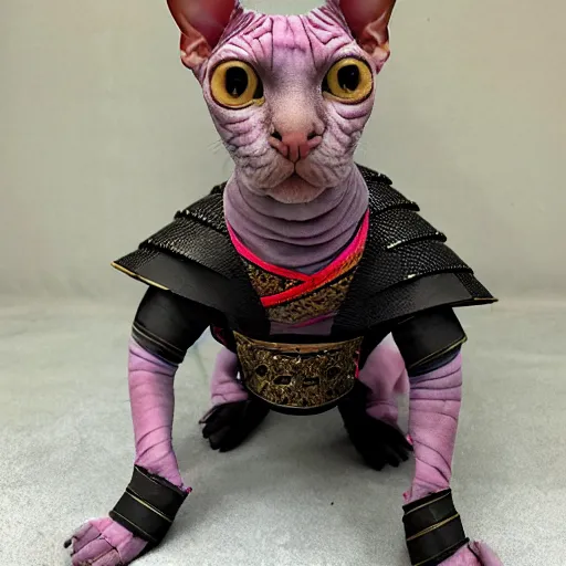 Image similar to samurai armor worn by hairless sphynx cat