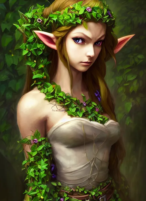 Image similar to beautiful full body portrait of the legend of Zelda ocarina of time great fairy, her body wrapped with ivy vines leaves and flowers, dark fantasy esoteric, D&D, fantasy, cinematic lighting, intricate, elegant, highly detailed, digital painting, artstation, concept art, matte, sharp focus, illustration, art by Artgerm and Tom Bagshaw and Greg Rutkowski and Alphonse Mucha