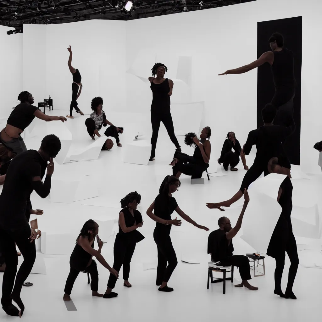 Prompt: a white space and a black subject contemporary art performance