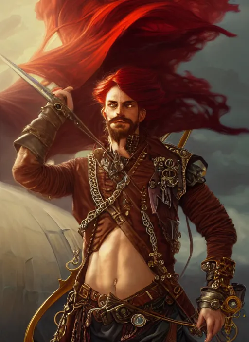 Image similar to upper body shot of male pirate, D&D, handsome, fantasy, intricate, long hair, steampunk airship in backdrop, steampunk, red hair, elegant, highly detailed, digital painting, artstation, concept art, smooth, sharp focus, illustration, art by artgerm and greg rutkowski and alphonse mucha