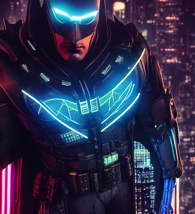 Image similar to close - up character concept of cyberpunk batman!!!! intricate technology on batman's suit, wires and led lights | | blurry gotham city at night in the background, neon lights | | cinematic rim lighting, global illumination, fine details by stanley artgerm lau, trending on artstation, octane render, dreamy, masterpiece