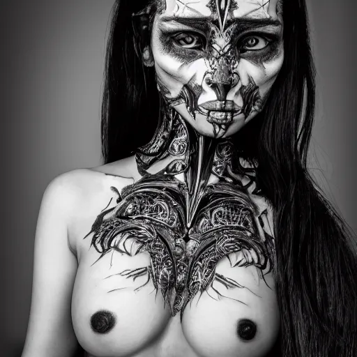 Prompt: a female model by chacarcter creator, photorealistic, biomechanical, intricate details, hyper realistic, canon r 3, photography, wide shot, photography, photorealistic, canon r 3, photography, wide shot, photography, dark beauty, symmetrical features